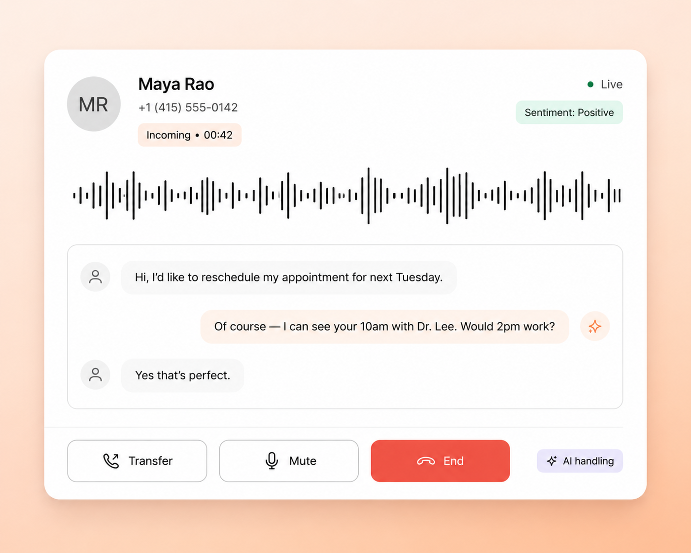 VAAMI inbound call dashboard with live transcript and waveform