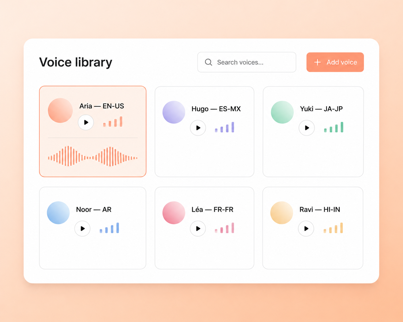 VAAMI voice studio with language and voice profile selection