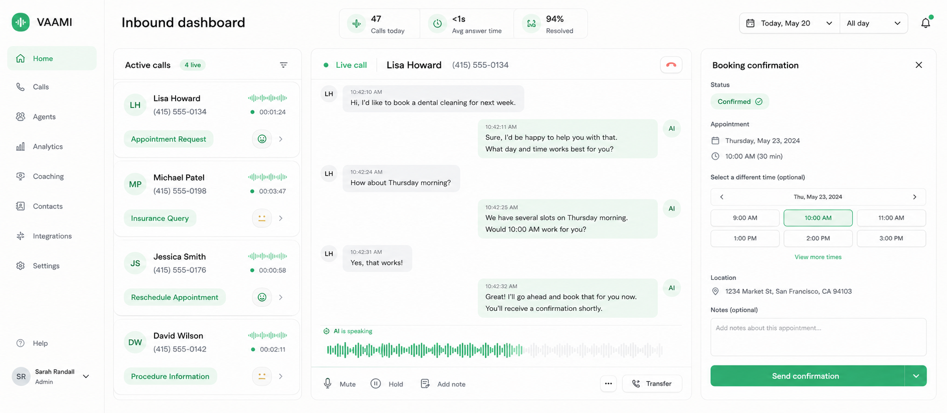 Vaami Inbound Dashboard — Live Call View
