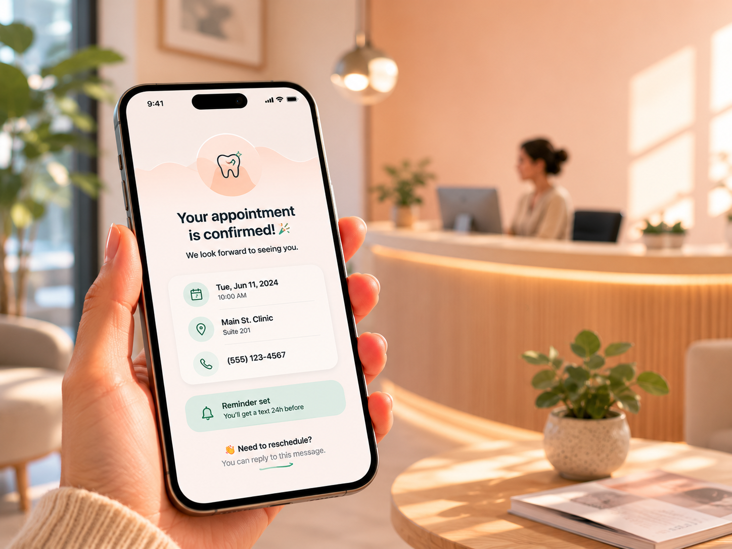 Healthcare professional using phone at a modern clinic reception
