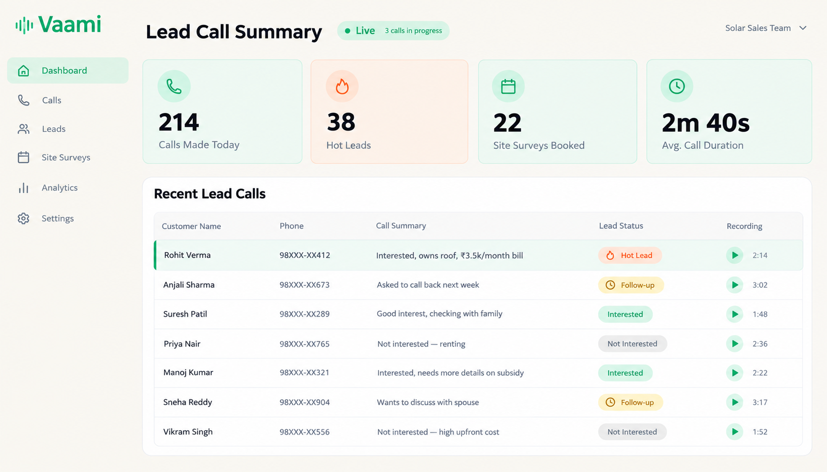Vaami Solar Lead Call Dashboard — Customer Names, Call Summaries & Lead Status